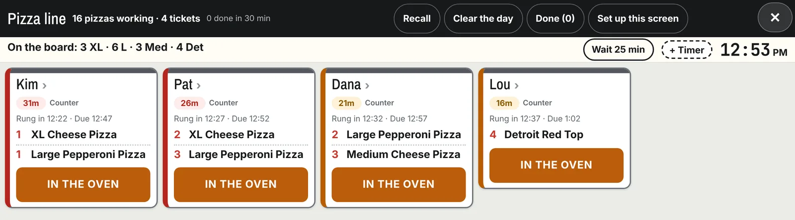 The kitchen screen with four tickets and the oven count