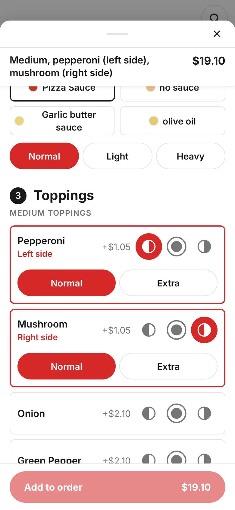On Point's order page: building a pizza with pepperoni on the left half and mushroom on the right
