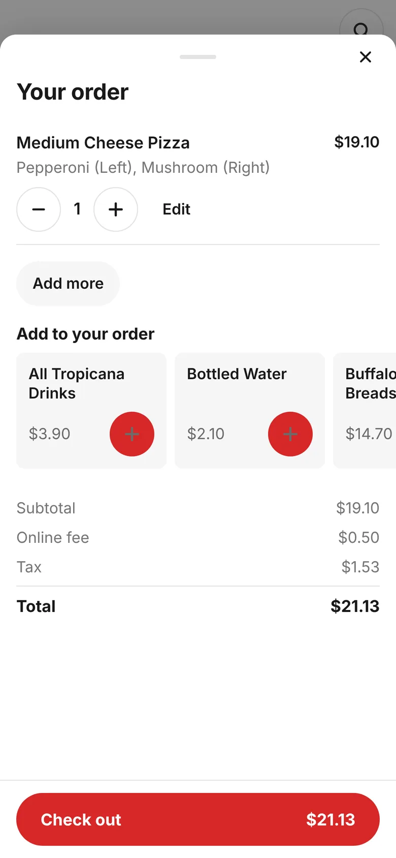 On Point's cart: a half and half pizza, add ons, the fee, tax and total