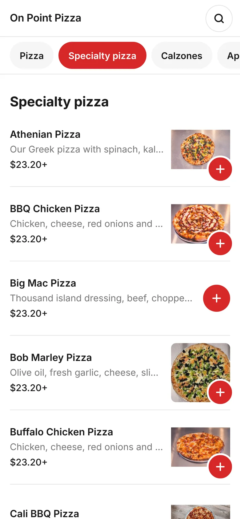 On Point Pizza's online order page on a phone, the specialty pizzas with photos and prices