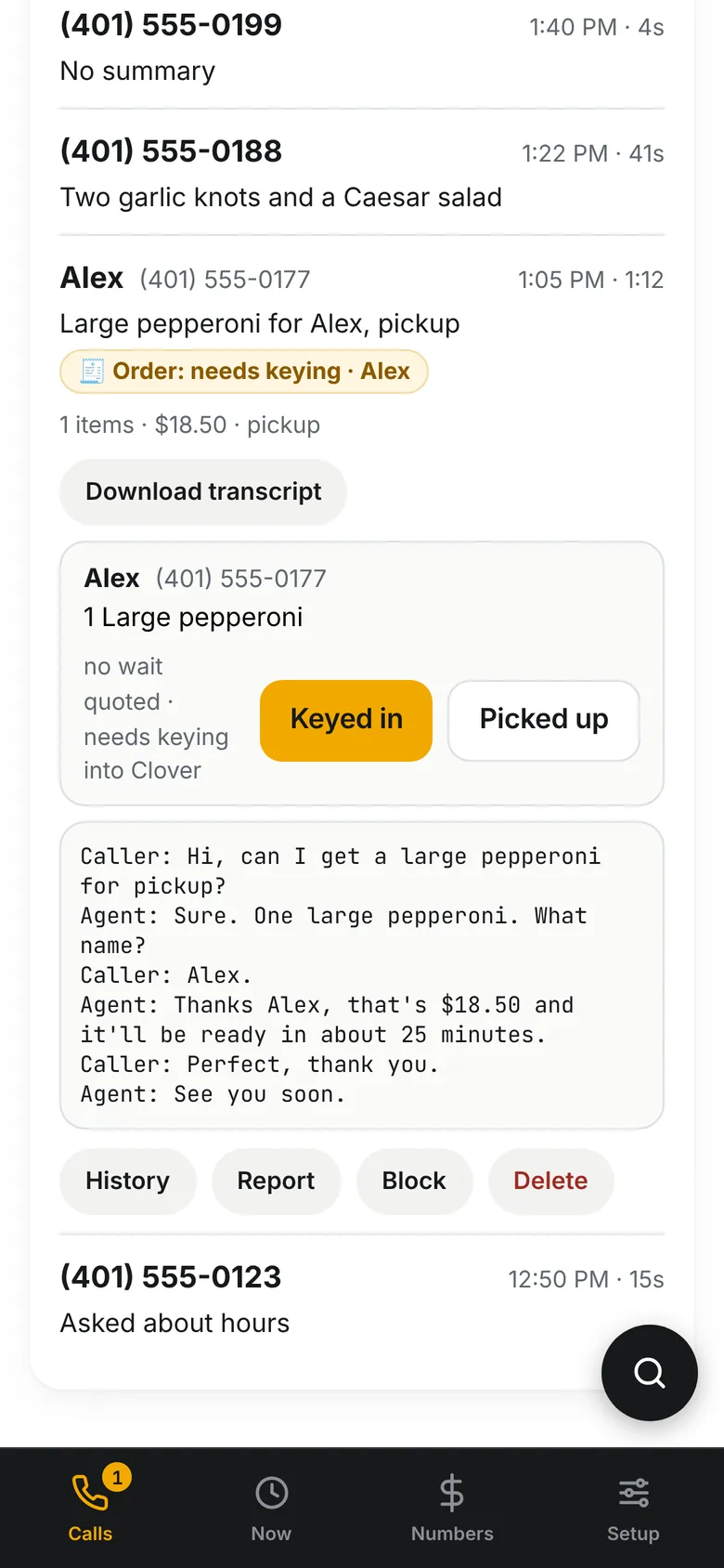 The Calls screen on a phone, a call open with its transcript and the order it made